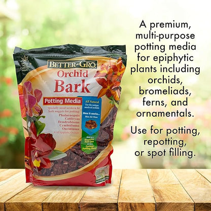 Better-Gro Orchid Bark-Premium Grade Orchid Potting Medium for Potting,Repotting,Root Development,and Water Retention,Ideal for Phalaenopsis,Epiphytic Orchids,and Tropical Plants-4 Quarts,(Pack of 2)