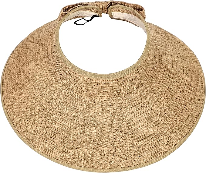 Womens Beach Straw Sun Hats Ponytail Hole Wide Brim Summer Visor Foldable Hat Sun Protection Packable for Travel Pool