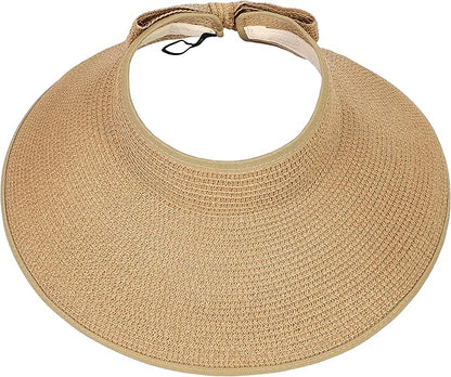 Womens Beach Straw Sun Hats Ponytail Hole Wide Brim Summer Visor Foldable Hat Sun Protection Packable for Travel Pool