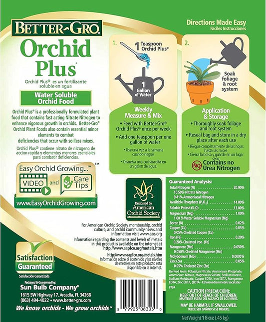 Better-Gro Orchid Plus 20-14-13 - Urea-Free Orchid Fertilizer for Vigorous Growth, Water Soluble, Nitrate Nitrogen-Rich, Ideal for Indoor Potted Plants and Tropical Plants - 16 oz Resealable Bag