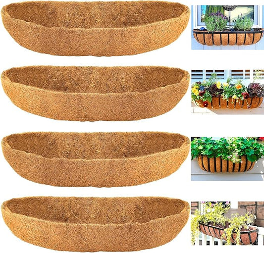 Coco Liners for Planters - 4 Pack 30 Inch Trough Coconut Liners for Planters, Window Box Coco Liners, 100% Natural Coconut Fiber Liners for Wall Hanging Basket, Window Box, Fence Baskets