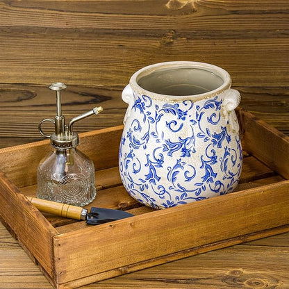 Vintage Blue Ceramic Ice Crack Glaze Flower Pot with Drainage Holes and With Handle, Country Rustic Planters for Indoor and Outdoor,Tuscan Decor,Home,Living Room, Garden Decor, Gardening Gift (Blue)