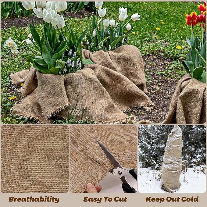 40'' x 100 Feet Burlap Fabric Roll 33 Yard, Natural Jute Fabric for Winter Tree Wrap Plant Covers Freeze Protection with 164 Feet Jute Rope, DIY Rustic Wedding Garden Outdooor Christmas Decoration