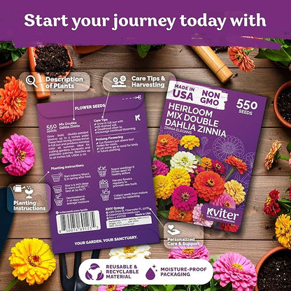 KVITER 550 Dahlia Zinnia Seeds for 2026 Mix (Zinnia Elegans) – Double Blooms, Non GMO, Heirloom & Organic – Flower seeds for Planting Outdoors in Garden, Containers, Flower Beds. Ideal for Cut Flowers