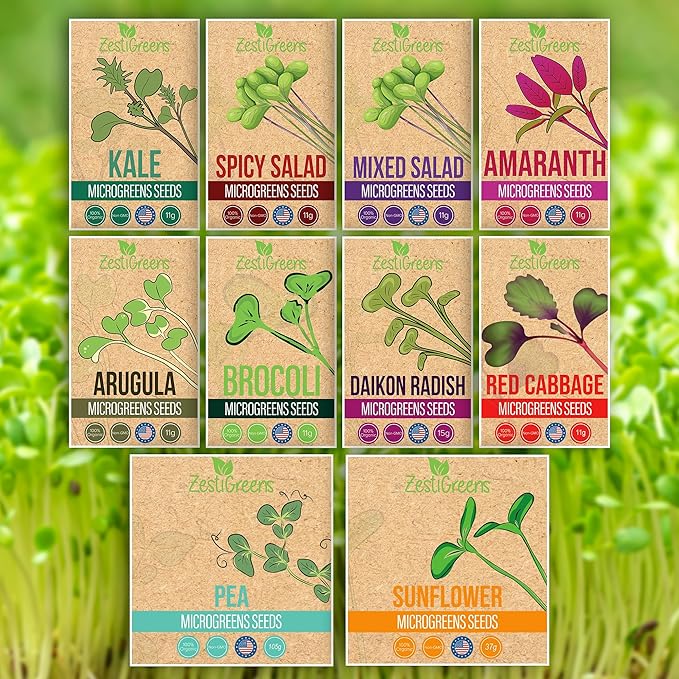 10 Variety Pack Microgreens Seeds - Broccoli, Sunflower, Pea, Salad Mix, Daikon Radish, Kale, Amaranth, Spicy Salad, Red Cabbage, & Arugula. Grow Your own Microgreens with These Organic Seeds.