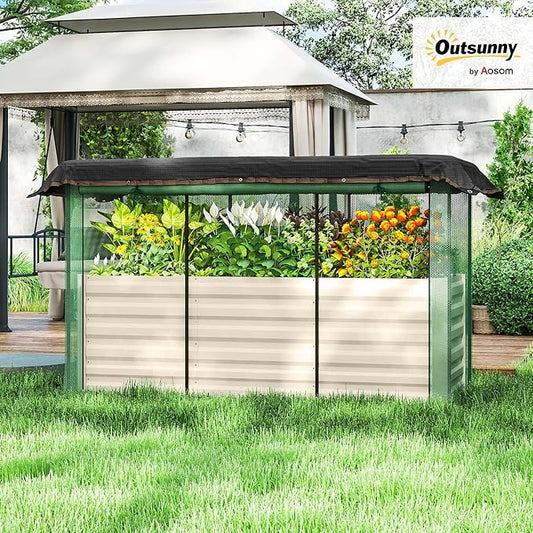 Outsunny 5.9 x 2 x 1.9 ft Galvanized Raised Garden Bed with Crop Cage Plant Protection Net and Shade Cloth Roof, Metal Planter Box with Cover for Vegetables, Flowers, Herbs, Beige