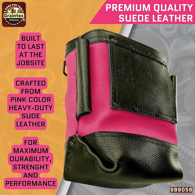 Graintex Nut & Bolt Bag, Pink Color Premium Quality Suede Leather Tool Bag, Tool Belt for Ironworker Tools, Bull Pin Loops, Ideal for Heavy-Duty Use, Bolt Bags for Construction Professionals - SB8058