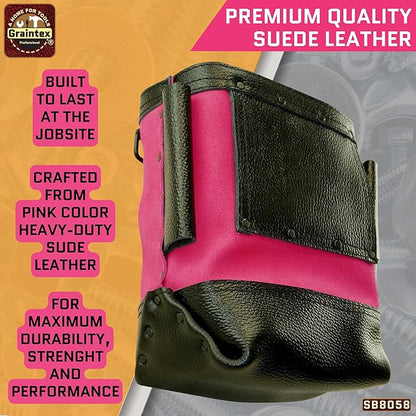 Graintex Nut & Bolt Bag, Pink Color Premium Quality Suede Leather Tool Bag, Tool Belt for Ironworker Tools, Bull Pin Loops, Ideal for Heavy-Duty Use, Bolt Bags for Construction Professionals - SB8058