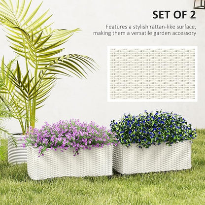 Outsunny Railing Planter Box (2 Pack, 20 Inch), Hanging Flower Pots with Hooks, Drainage Holes for Fence, Balcony, Garden, Patio, Rattan Look, White