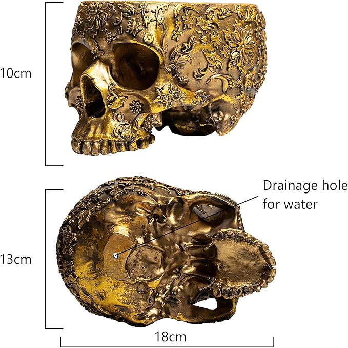Gold Skull Planter Pot 6 Inch Skeleton Head Pot for Succulents Flowers, & Bowl Dish Gothic Decor for Garden Home Parties Haunted House Spooky Black Display Halloween Skull Flower Pot Decoration Gift