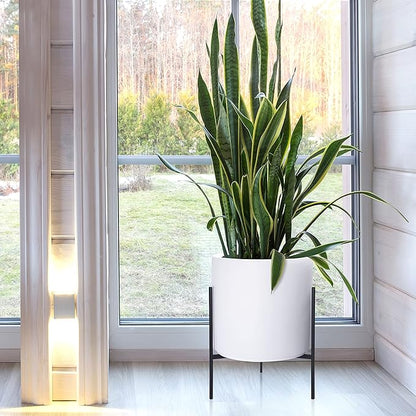 D'vine Dev Modern White Plants Pot Cylinder Planter with Heavy Duty Stand, X-Large 14 Inch Pot, 21 Inch with Stand Height, 96-T-A-4