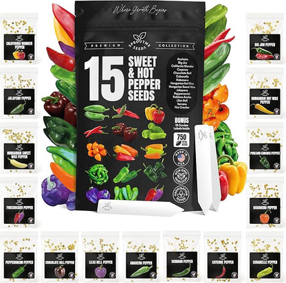 Sweet & Hot Pepper Seeds Variety Pack – 15 Varieties Mixed Heat Garden Collection, Jalapeno, Habanero, Cayenne, Serrano & Bell Types, 750+ Non-GMO Heirloom Seeds for Indoor & Outdoor Planting