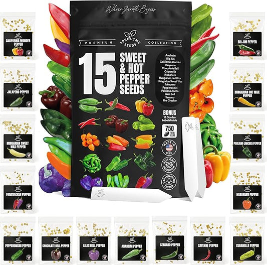 Hot & Sweet Pepper Seeds Variety Pack – 15 Varieties Mixed Heat Garden Collection, Jalapeno, Habanero, Cayenne, Serrano & Bell Types, 750+ Non-GMO Heirloom Seeds for Indoor & Outdoor Planting