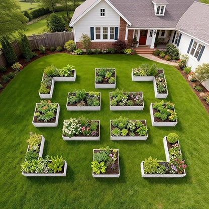 A ANLEOLIFE 12-Piece 18 Inch Tall Raised Garden Beds Kit, L-Shaped, Square & Rectangular Metal Planters for Flexible Backyard Layouts, Antique White