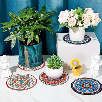 6 Pcs Boho Plant Pot Mat Absorbent Non Slip Round Pot Coaster Pad Gardening Indoor Outdoor Flower Plant Protect for Table Desk Floor, 5.9 Inches