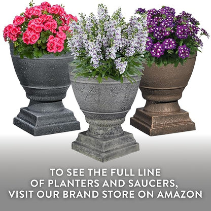 Classic Home and Garden Spartan Urn Planter - Timeless Plant Urn for Floral Displays - Durable Indoor & Outdoor Plastic Garden Planters (14”, Cast Iron)