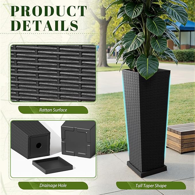 JUMMICO Set of 2 Resin Rattan Tall Planters for Outdoor Plants, Large Tapered Planters with Drainage Holes, Inner Trays and Outer Saucers, Flower Pots for Garden, Patio, Porch, Backyard (Black, 32")