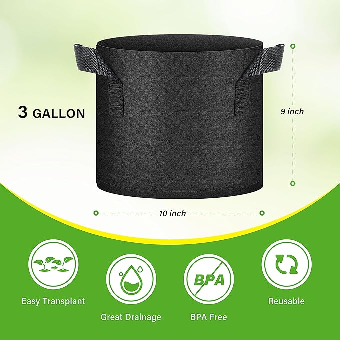 HealSmart 12-Pack 3 Gallon Nonwoven Grow Bags, Aeration Fabric Pots with Handles, Suitable for Garden Fruits, Vegetables and Flowers, Black