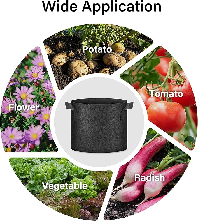 HealSmart 7 Gallon 10 Pack Plant Grow Bags, Tomoato Planter Pots with Handles, Aeration Nonwoven Fabric, Heavy Duty Gardening Planter for Vegetable, Herbs and Flowers, Black