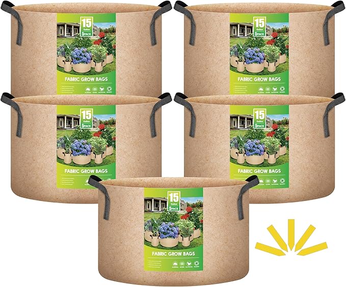 iPower 5 Pack 15 Gallon Tan Grow Bags, Garden Planting Nonwoven Fabric Pots with Reinforced Handle, Heavy Duty and Aeration Planter Pot for Tomato, Fruits, Vegetables and Flowers