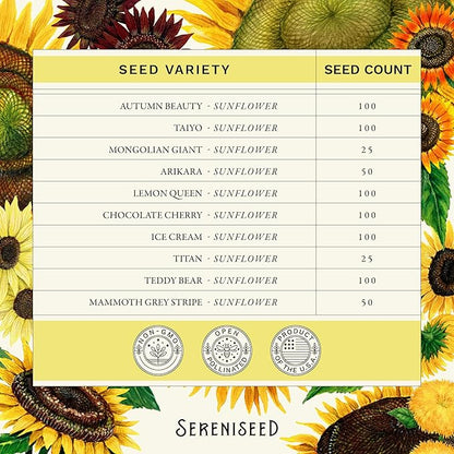 Sereniseed Sunflower Seeds Collection (10-Pack) – 100% Non GMO, Open Pollinated – Grow Guide