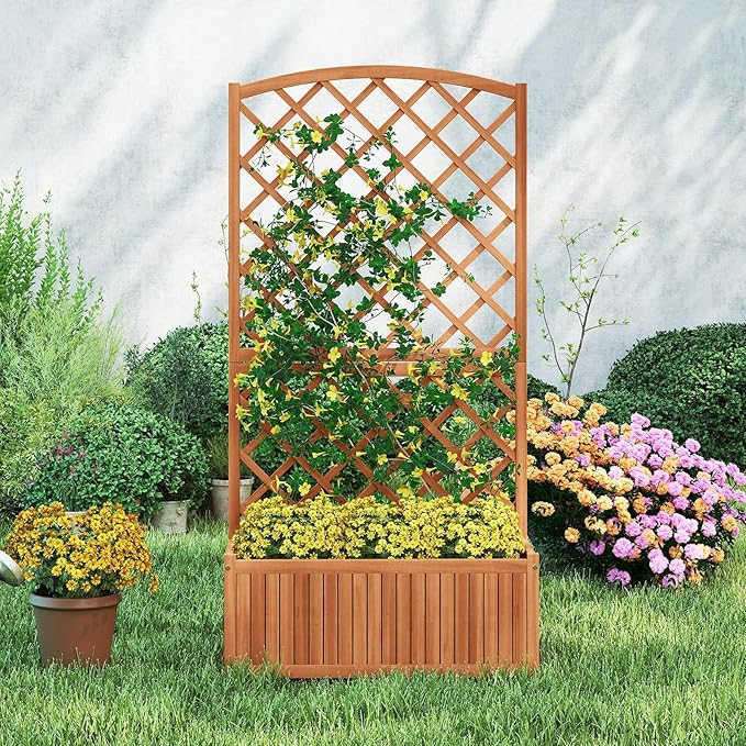 HAPPYGRILL Wooden Raised Garden Bed with Trellis, 63" Tall Planter Box with Trellis & Slat Bottom Base Vine Climbing Plants Flowers, Outdoor Freestanding Garden Box for Backyard Balcony (2)