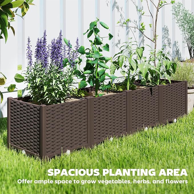 Outsunny 5 x 1 x 1 ft Raised Garden Bed, Indoor Outdoor Plastic Planter Box with Drainage Holes, Drain Plugs and Water Reservoirs for Vegetables, Herbs, Flowers & Succulents, Brown