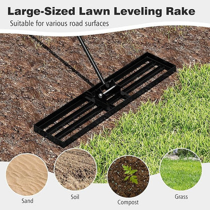 42" x 10" Lawn Leveling Rake, Heavy Duty Landscape Rake with 67" Handle, Non-Slip Grip & Flat Head, Space-Saving Lawn Level Tool for Garden, Backyard, Golf Course & Sports Field(Black)