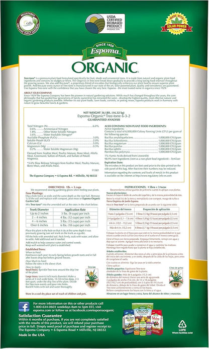 Espoma Organic Tree-Tone 6-3-2 Natural & Organic Fertilizer and Plant Food; 36 lb. Bag; Organic Fertilizer for All Trees. Use for Fruit Trees Like Peach & Apple Trees and All Shade Trees