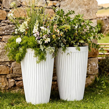 20" Tall Planters Set of 2, High-Density Resin Fluted Outdoor Pots for Plants, Versatile Indoor/Outdoor Flower Pots w/Drainage Holes for Patio, Garden, Porch & Living Room Decor, Ideal Gift