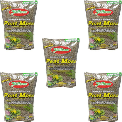 Hoffman Canadian Sphagnum Peat Moss Soil Conditioner to Improve Moisture Retention and Aeration, 10qt Bag, Pack of 5