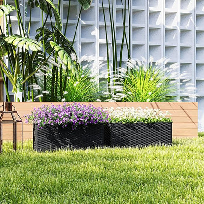 Outsunny Railing Planter Box (2 Pack, 20 Inch), Hanging Flower Pots with Hooks, Drainage Holes for Fence, Balcony, Garden, Patio, Rattan Look, Black