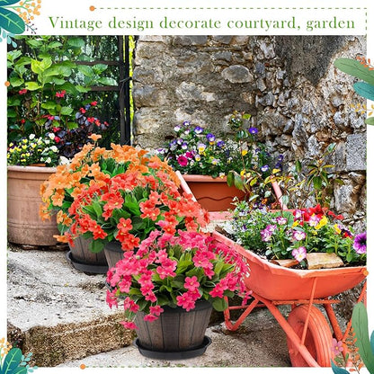 Layhit 10 Pack 9.8 Inch Whiskey Barrel Planter Flower Pot Plant Pots with Drainage Holes and Saucers Garden Planter Imitation Wine Design Plastic Barrel for Indoor Outdoor Plants Garden (Coffee Brown)