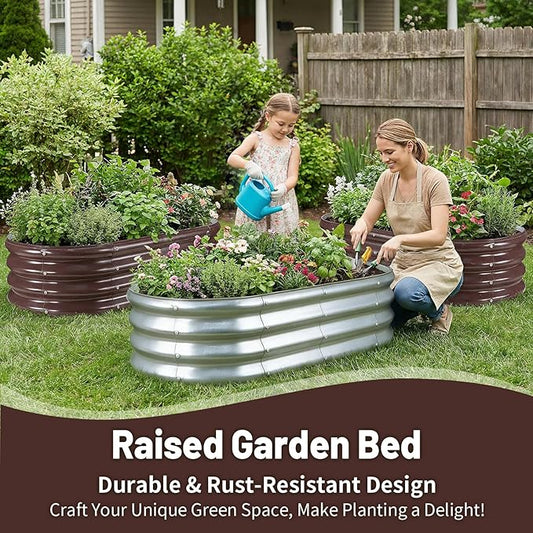 GOOZOO Galvanized Planter Raised Garden Bed, 4x2x1ft Raised Garden Bed Kit for Gardening Outdoor, Oval Metal Land Planter Box for Vegetables, Fruits, Flowers（Silver）