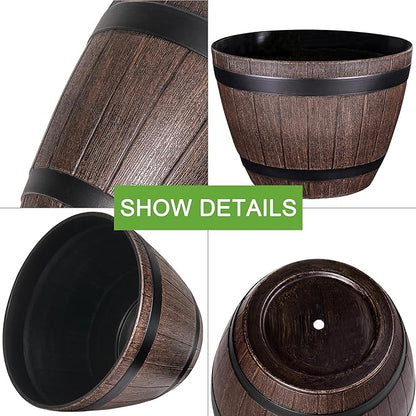 VECELO Plant Pots with Drainage Holes & Saucer, 9/11.3/13 Inch Flower Pots with Tray, 3 Pack Plastic Whiskey Barrel Planters for Indoor & Outdoor Garden Home Plants and Flowers