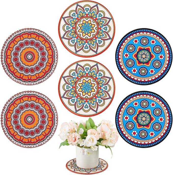 Nuanchu 6 Pcs 7.87" Boho Plant Pot Mat Rubber Absorbent House Non Slip Pot Indoor Plant Coasters Round Pad Gardening Outdoor Flower Protect Mat for Table Desk Floor
