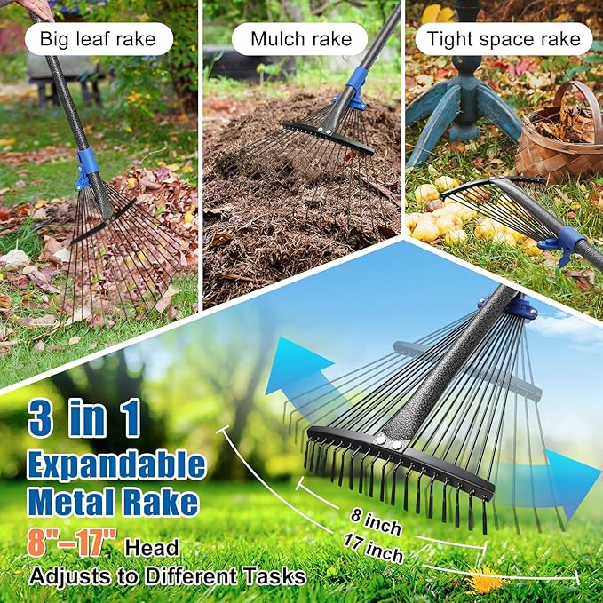 Rake for Leaves: Adjustable Metal Leaf Rake for Lawn, 8-17" Expandable Head, 45” Long Handle,Collapsible Heavy Duty Women Kids Garden Rakes for Yard Pine Needles Mulch Grass Debris Gardening Camping