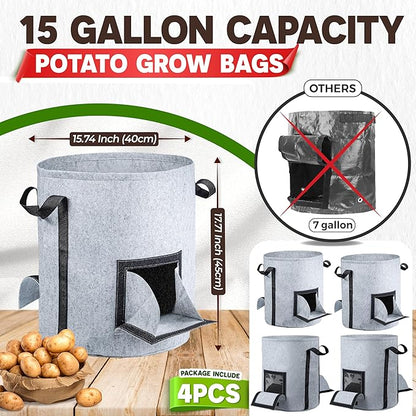 [Upgraded] 4Pcs 15-Gallon Potato Grow Bags with Unique Harvest Window, Visible Window, Garden Planting Bag with Reinforced Handle, Nonwoven Fabric Pots for Tomato, Potato Growing Container - Grey
