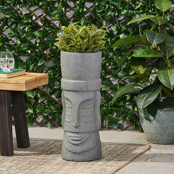 Christopher Knight Home Jorine Lightweight Concrete Planter, Cast Stone Planter, Moai Design Urn, Tall Plant Pot, Easter Island Garden Pot with Drainage Hole for Backyard Hall Garden, Stone Gray
