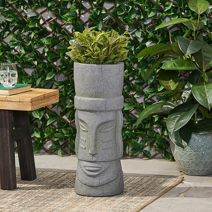Christopher Knight Home Jorine Lightweight Concrete Planter, Cast Stone Planter, Moai Design Urn, Tall Plant Pot, Easter Island Garden Pot with Drainage Hole for Backyard Hall Garden, Stone Gray