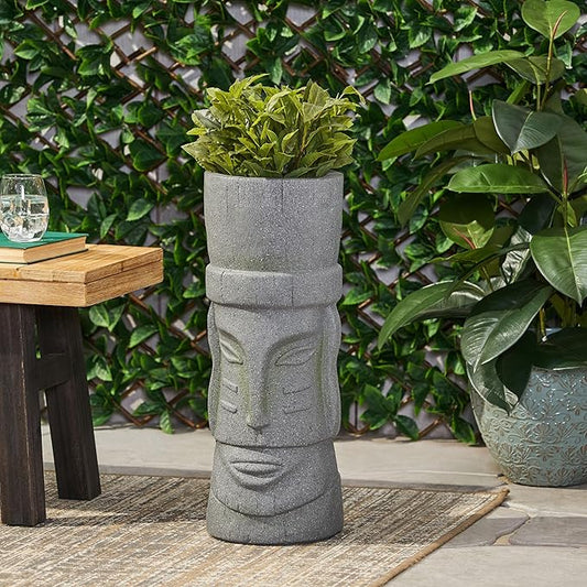 Christopher Knight Home Jorine Lightweight Concrete Planter, Cast Stone Planter, Moai Design Urn, Tall Plant Pot, Easter Island Garden Pot with Drainage Hole for Backyard Hall Garden, Stone Gray