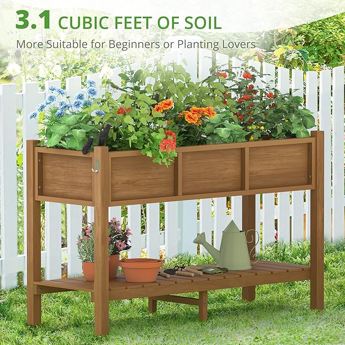 LUE BONA Raised Planter Box with Legs, 47 * 18 * 29 in, Raised Garden Bed with Tools and Storage Shelf, Weather Resistant, 3-Year Warranty, Standing Growing Bed Herb Planter for Vegetable, Brown
