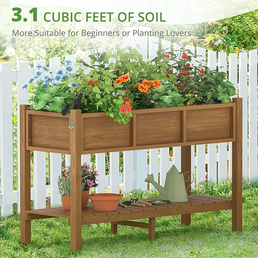 LUE BONA Raised Planter Box with Legs, 47 * 18 * 29 in, Raised Garden Bed with Tools and Storage Shelf, Weather Resistant, 3-Year Warranty, Standing Growing Bed Herb Planter for Vegetable, Brown