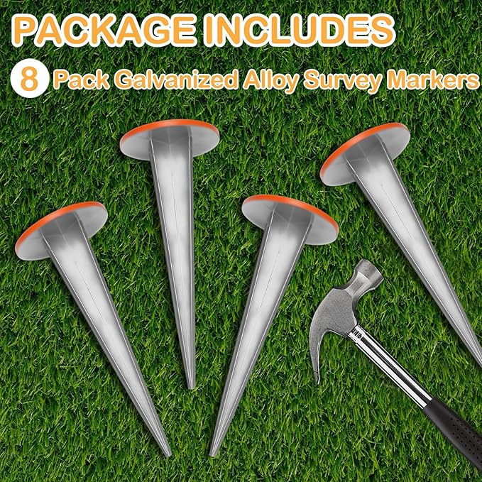 8 Pack Permanent Property Line Markers 7x3 Inch Galvanized Alloy Boundary Markers Heavy Duty Garden Stake for Property Land Survey Stakes for Home Depot Septic Tank Yard Paver Ground Landscape, Orange