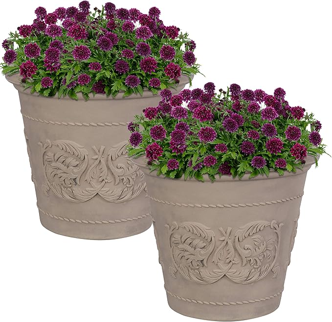 Sunnydaze 19.5-Inch Arabella Large Plastic Pot for Plants - Outdoor Double-Walled Polyresin Large Plastic Planter with Drillable Drainage Holes - Beige - 2-Pack