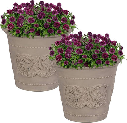 Sunnydaze 19.5-Inch Arabella Large Plastic Pot for Plants - Outdoor Double-Walled Polyresin Large Plastic Planter with Drillable Drainage Holes - Beige - 2-Pack
