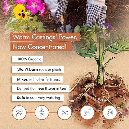 Worm Castings for Plants, Earthworm Casting Organic Fertilizer, Bokashi Booster, Worm Tea Made from Compost Worms, Liquified & Concentrated Vermicompost for Soil Fertility & Bountiful Harvest, 1 gal.