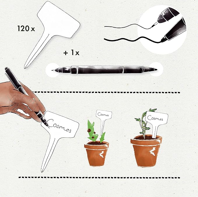 OwnGrown Plant Markers: 120 Plastic Plant Name Tags and Weatherproof Marker Pen – Plant Labels Wooden – Seedling Labels – Gardening Name Tags