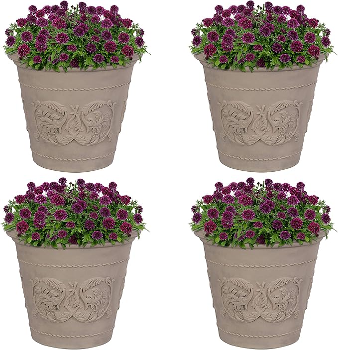 Sunnydaze 19.5-Inch Arabella Large Plastic Pot for Plants - Outdoor Double-Walled Polyresin Large Plastic Planter with Drillable Drainage Holes - Beige - 4-Pack