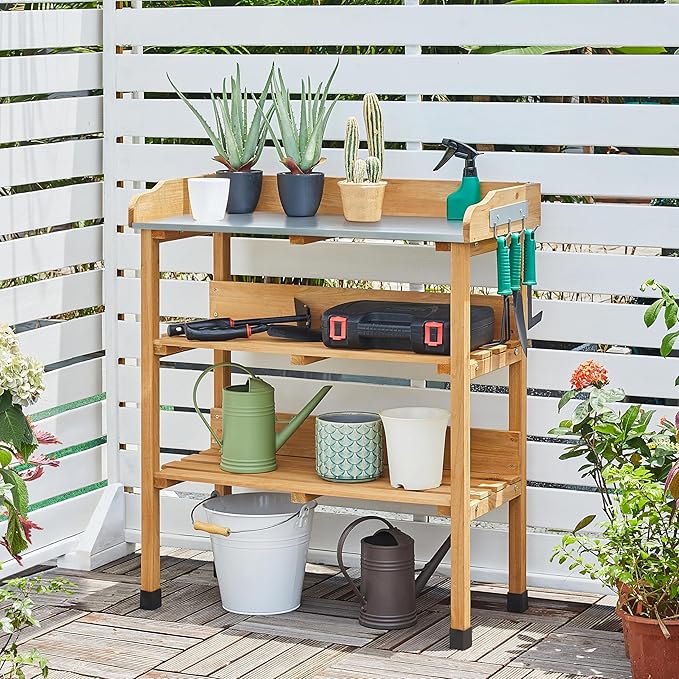 Topeakmart Potting Bench Table w/Metal Tabletop for Garden, Fir Wood Workstation w/3 Tier Shelves, Outdoor Work Bench w/Hook Natural Wood